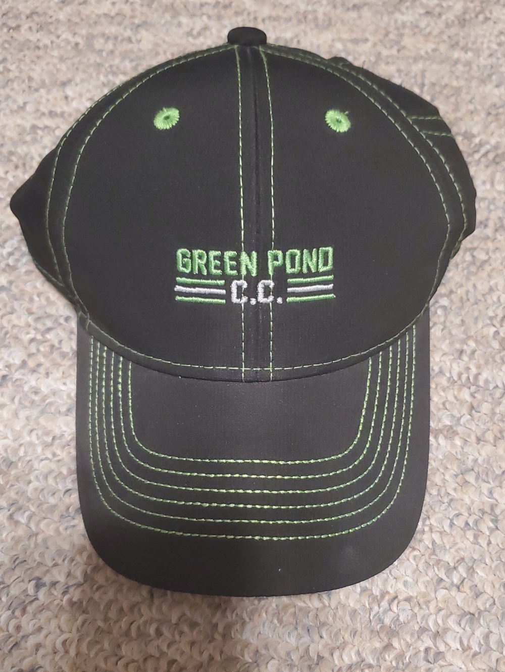 Green Pond C.C. Embroidered Black Baseball Cap with Green Stitching